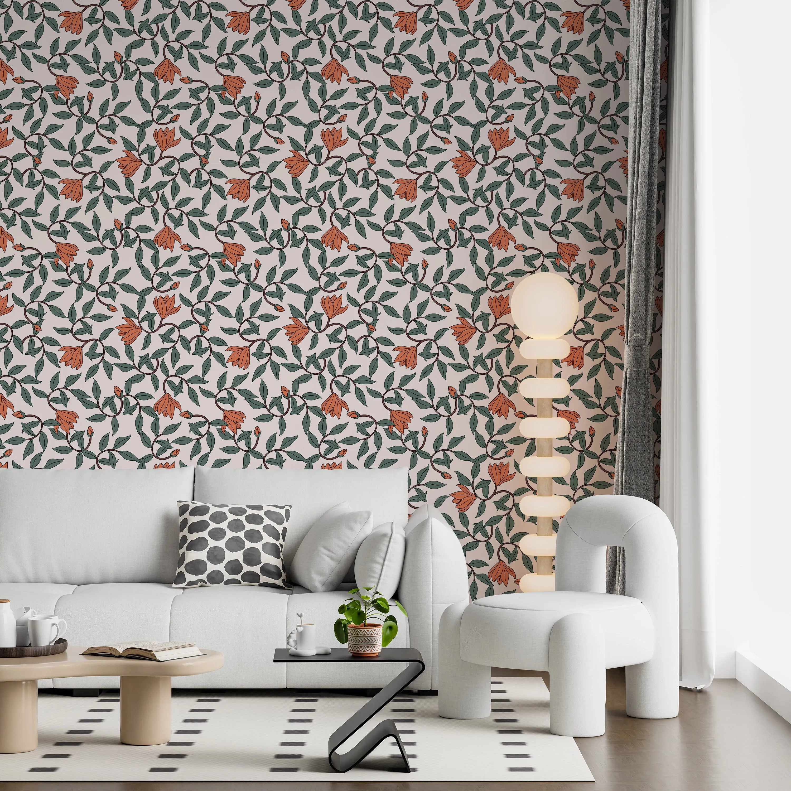 Art Nouveau Wallpaper – Retro  Botanical Design with Orange Blooms