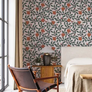 Art Nouveau Wallpaper – Retro  Botanical Design with Orange Blooms
