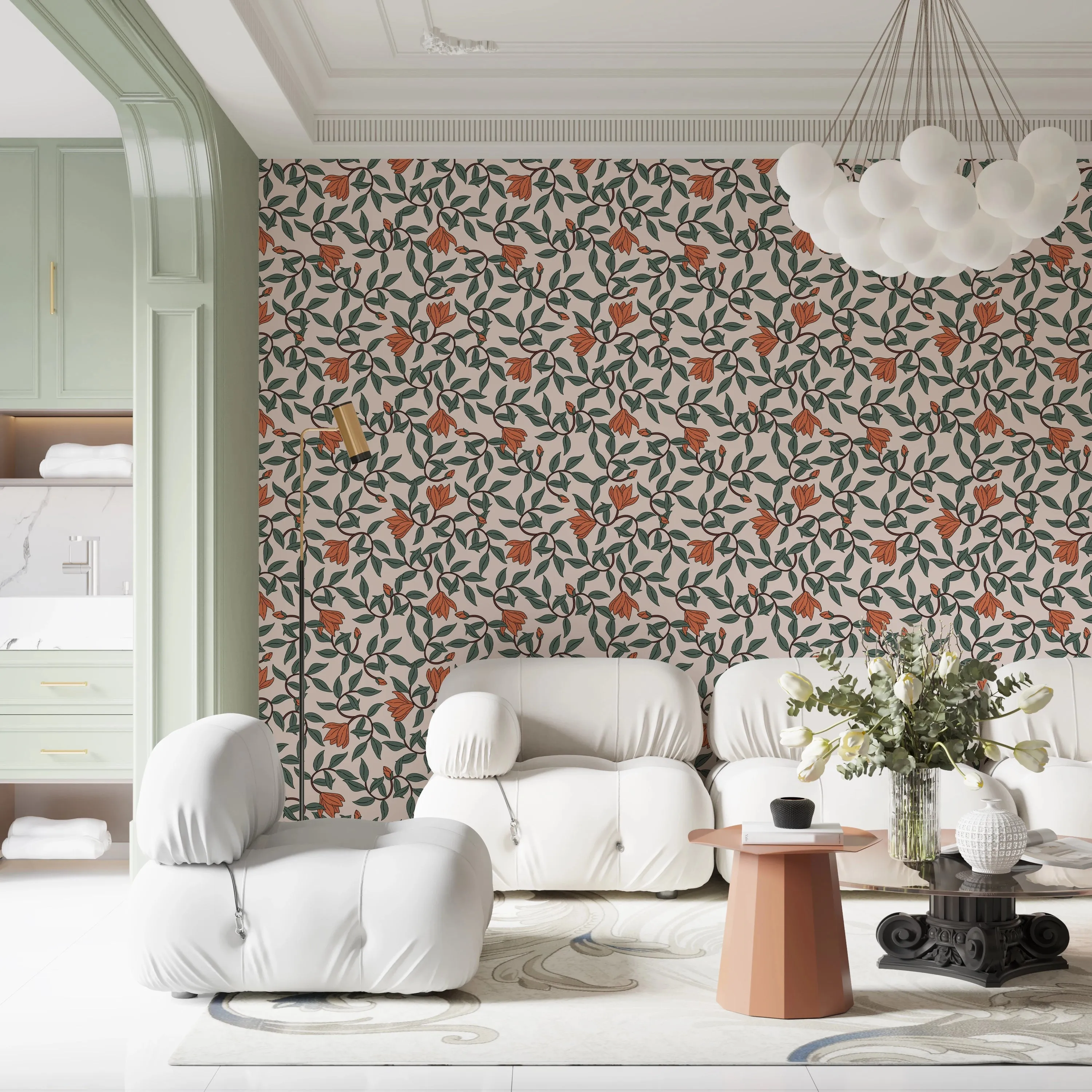 Art Nouveau Wallpaper – Retro  Botanical Design with Orange Blooms