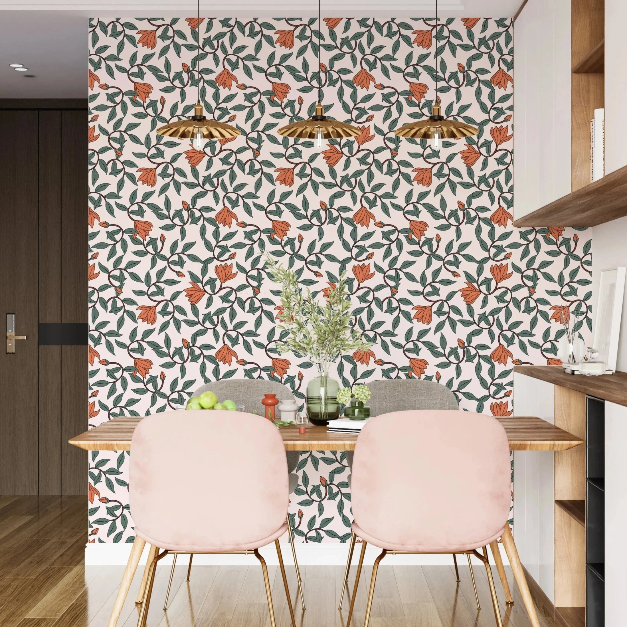Art Nouveau Wallpaper – Retro  Botanical Design with Orange Blooms