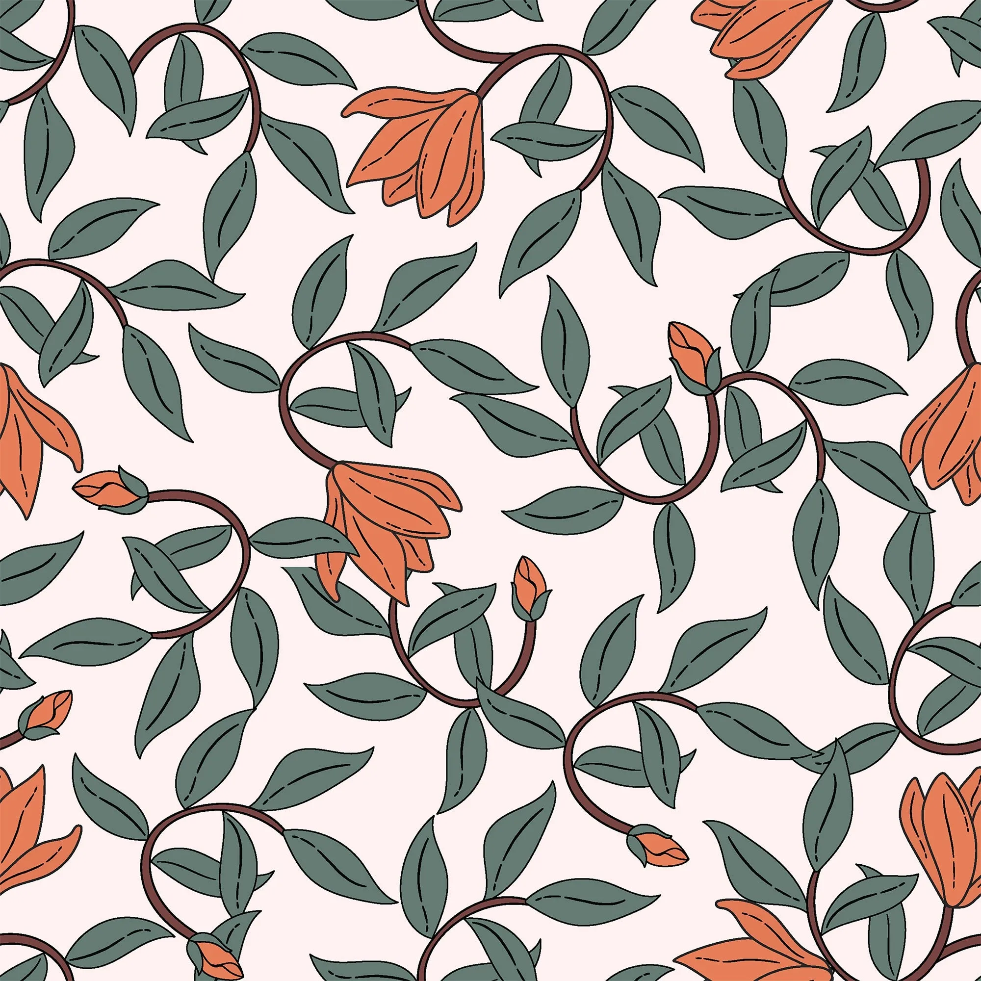 Art Nouveau Wallpaper – Retro  Botanical Design with Orange Blooms