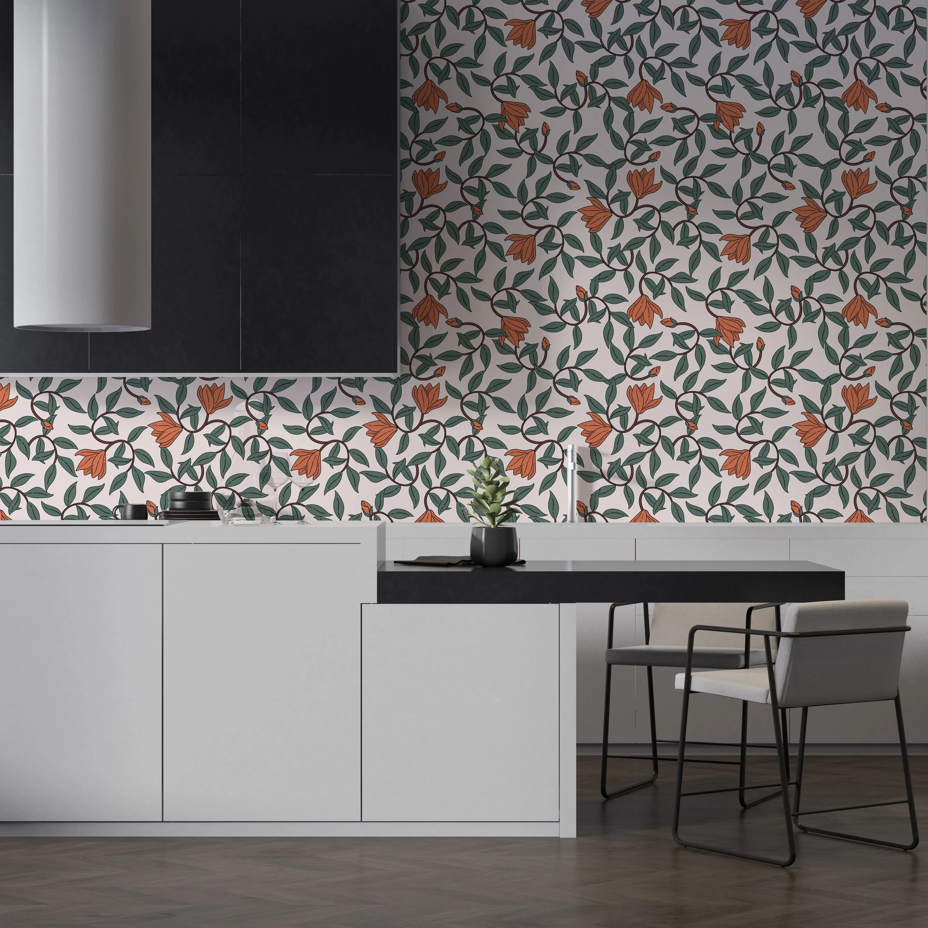 Art Nouveau Wallpaper – Retro  Botanical Design with Orange Blooms