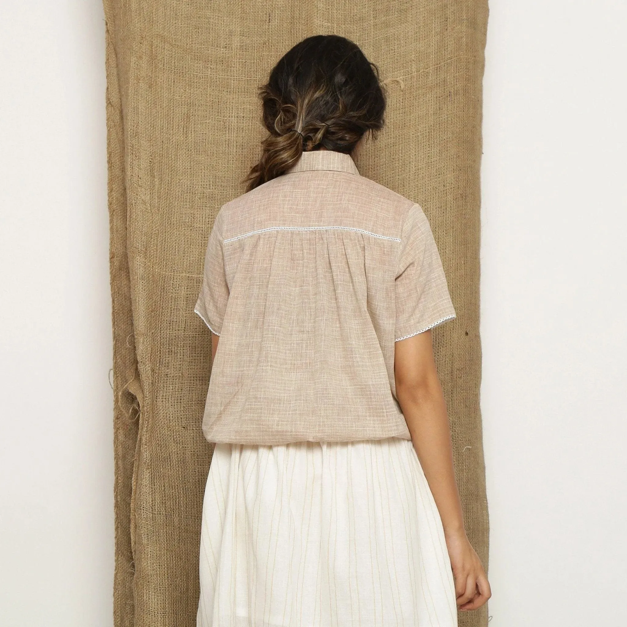 Beige Handspun Cotton Lace Button-Down Balloon Top