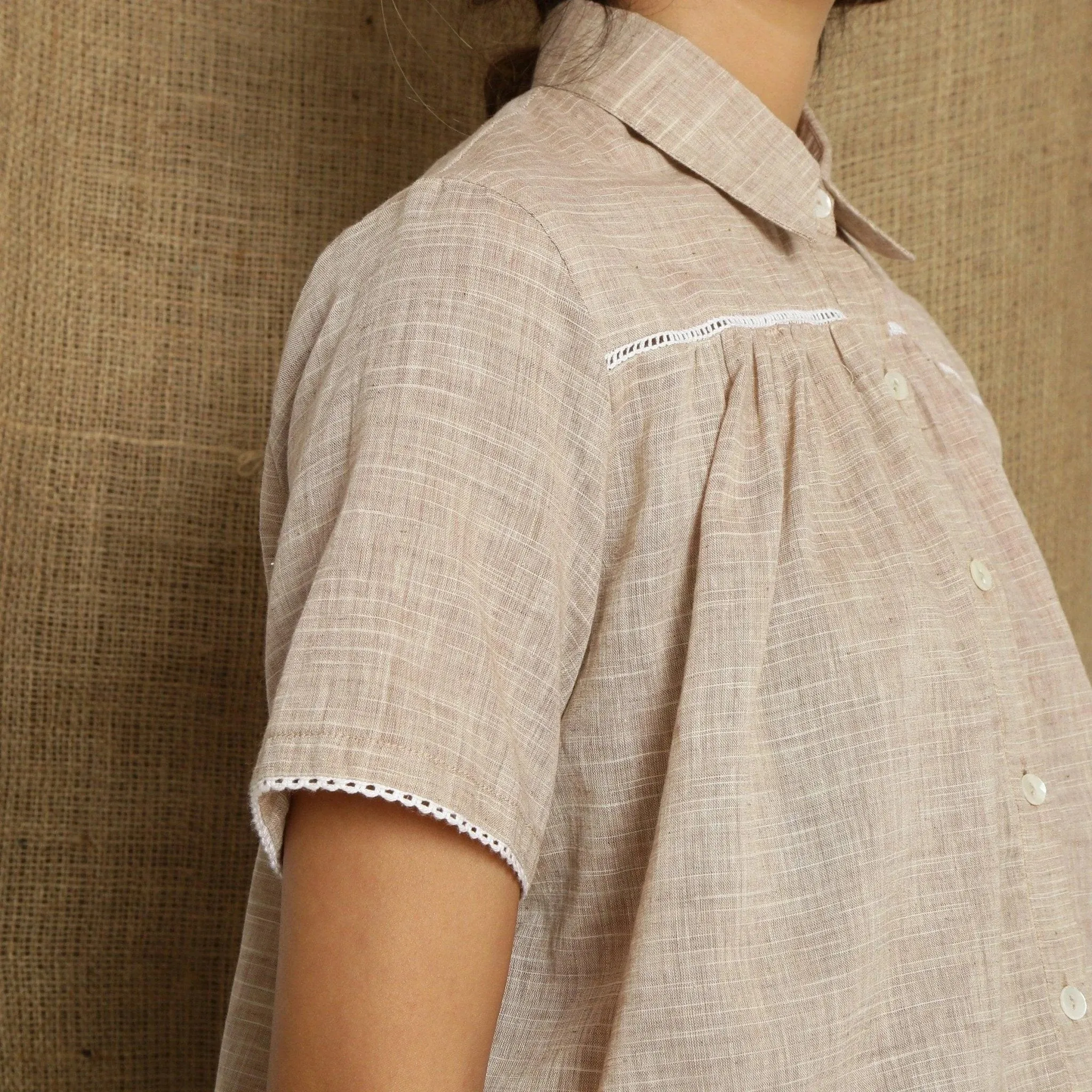 Beige Handspun Cotton Lace Button-Down Balloon Top
