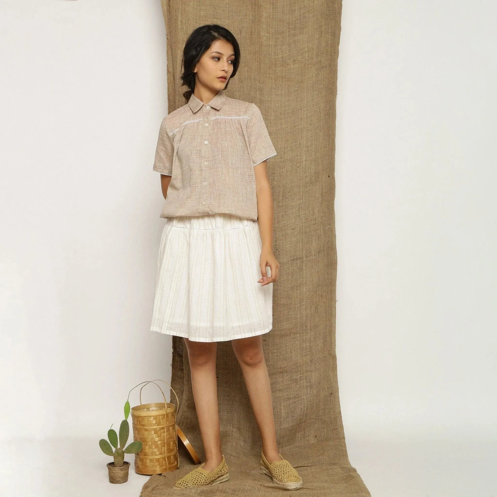 Beige Handspun Cotton Lace Button-Down Balloon Top