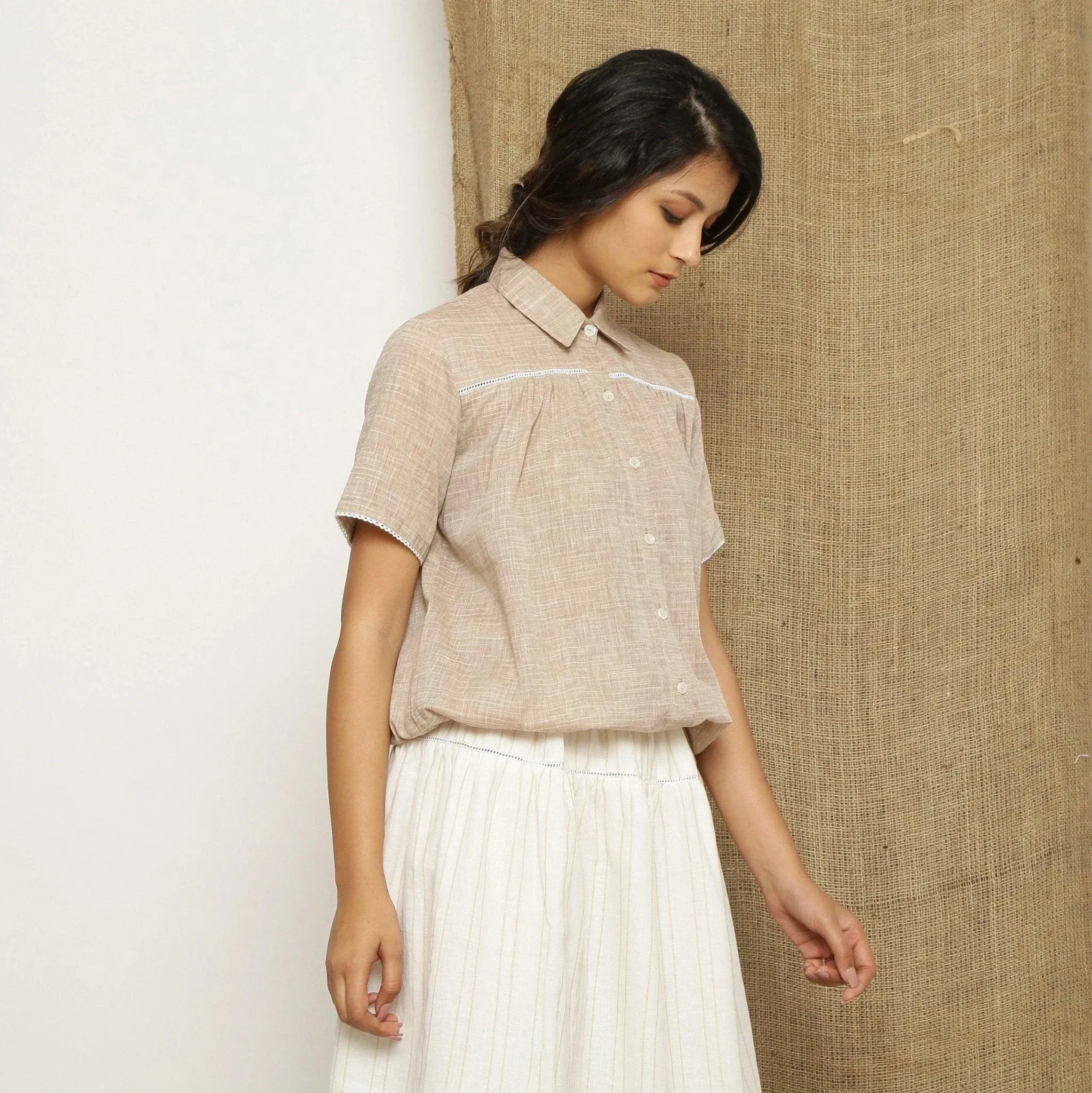Beige Handspun Cotton Lace Button-Down Balloon Top
