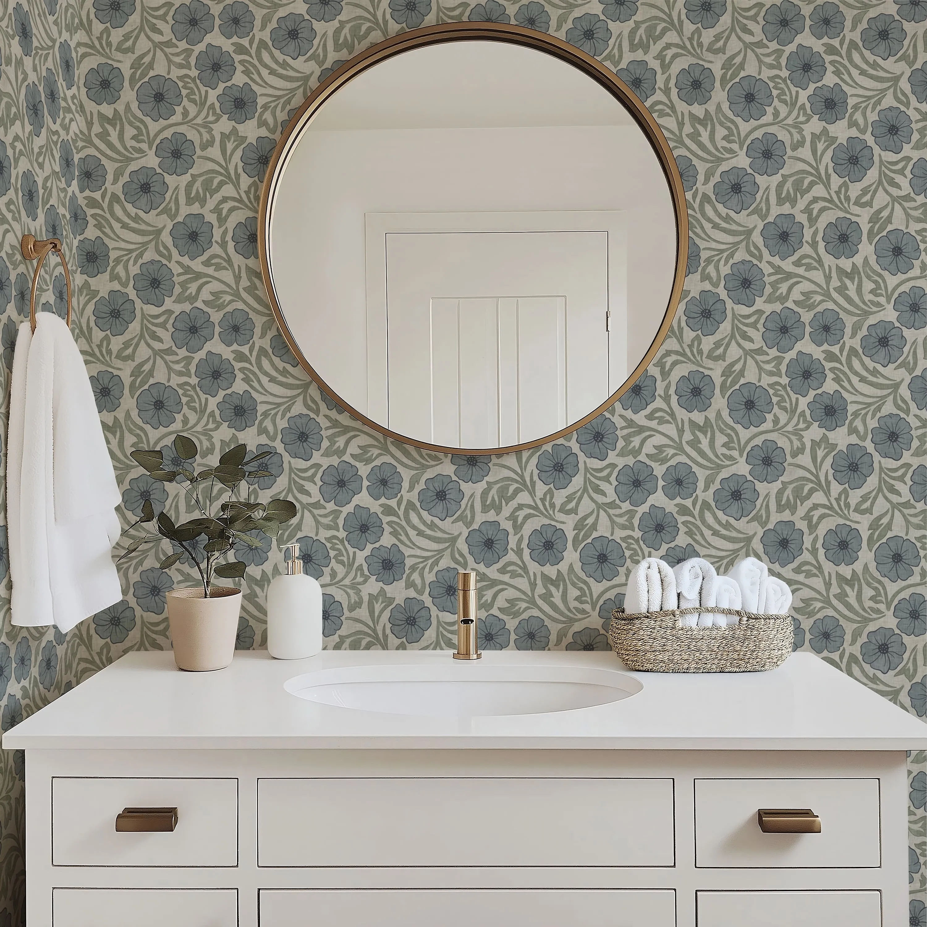 Blue and Green Linen Flowers Wallpaper | Hand-Drawn Vintage Floral