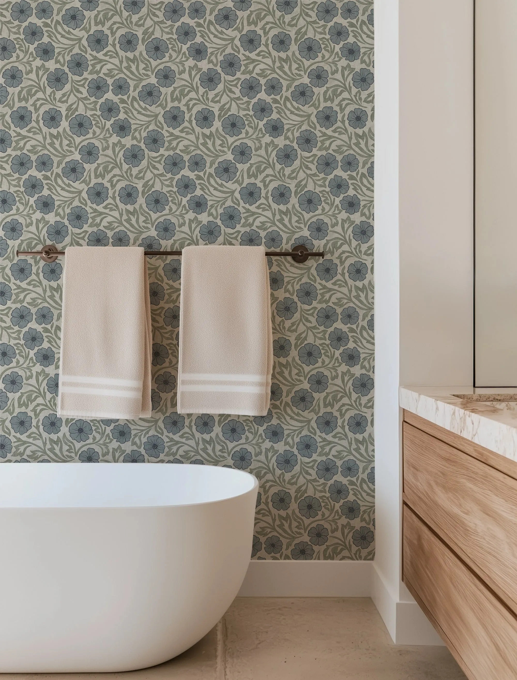 Blue and Green Linen Flowers Wallpaper | Hand-Drawn Vintage Floral