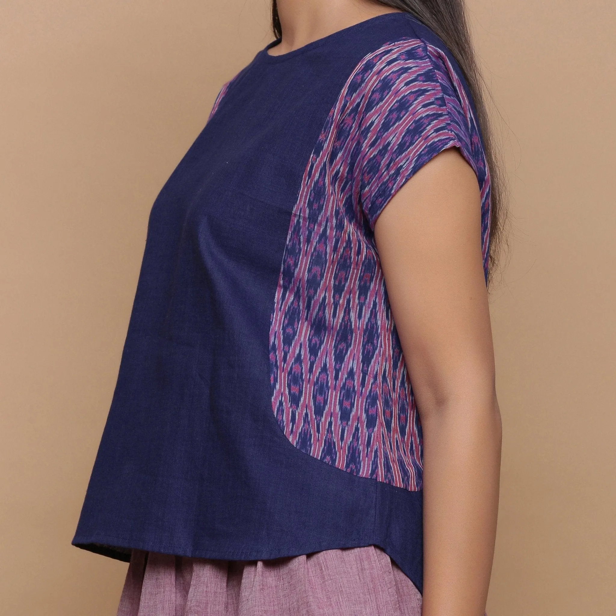 Blue Jamdani Ikat Cotton Muslin Paneled Top