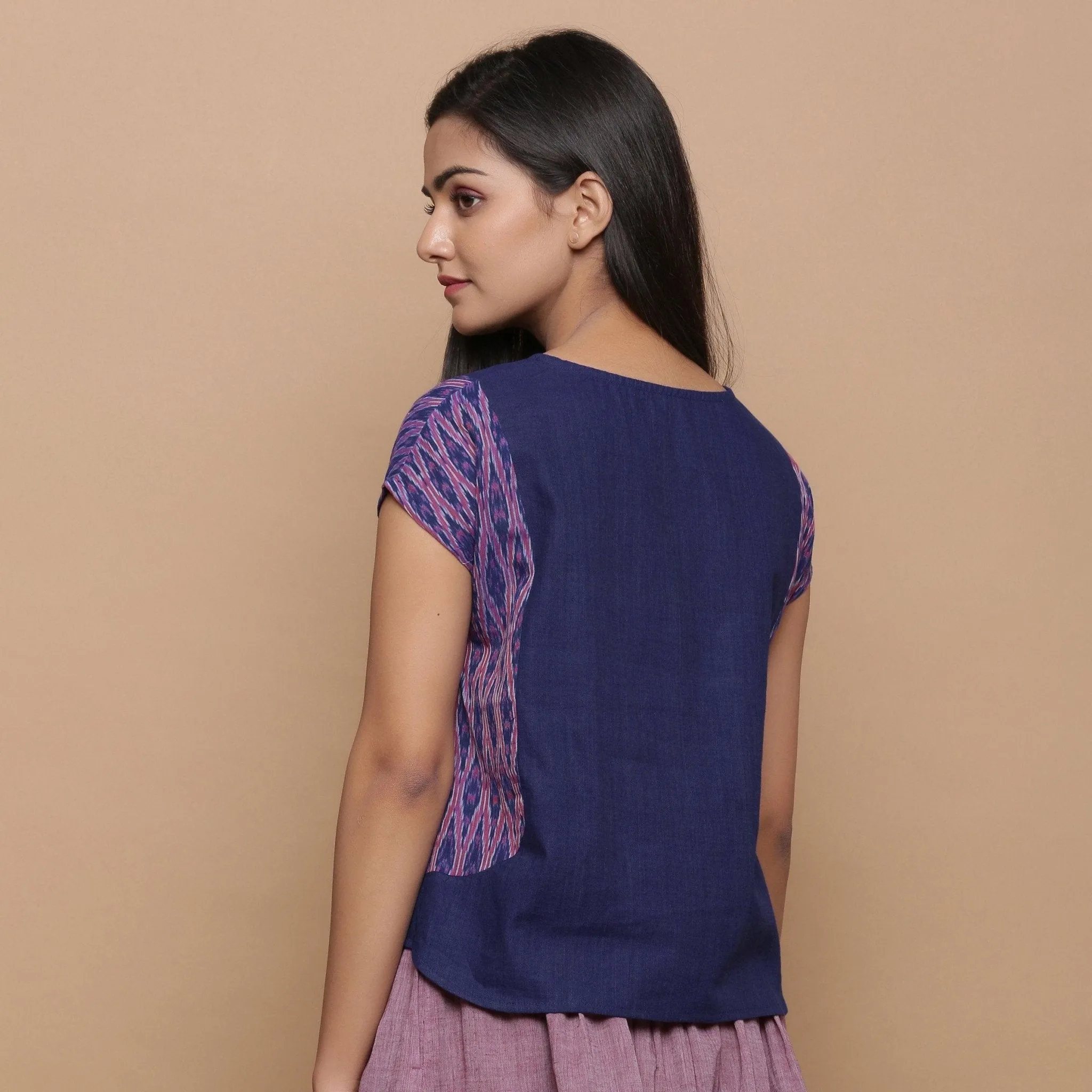 Blue Jamdani Ikat Cotton Muslin Paneled Top