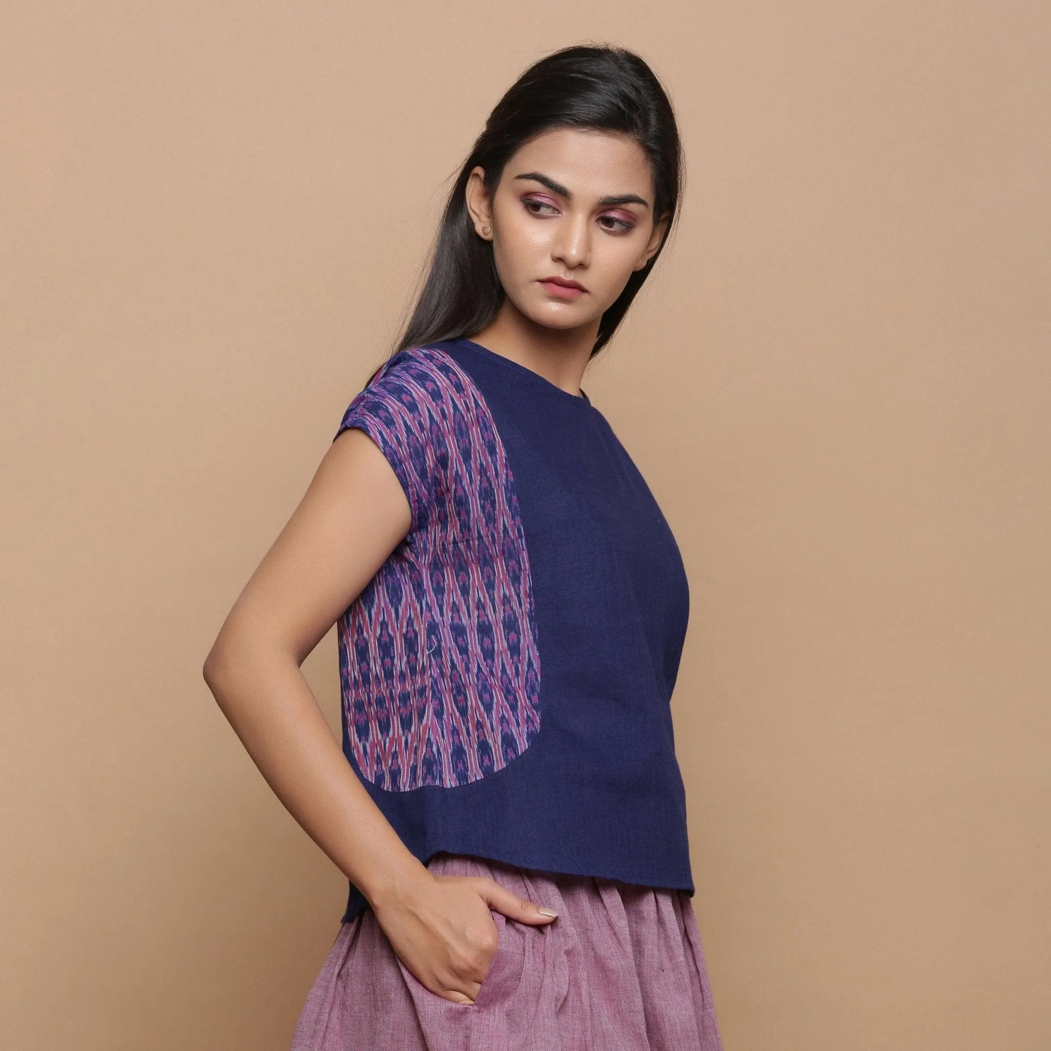 Blue Jamdani Ikat Cotton Muslin Paneled Top