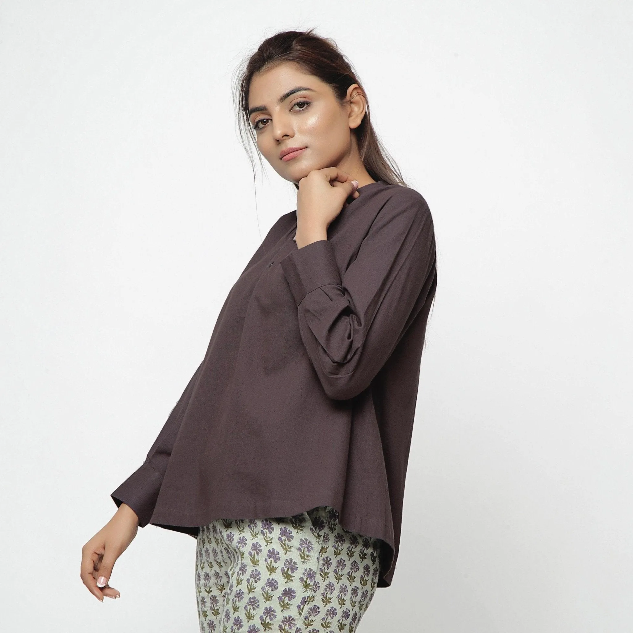 Brown Cotton Flax Mandarin Collar Yoked Top