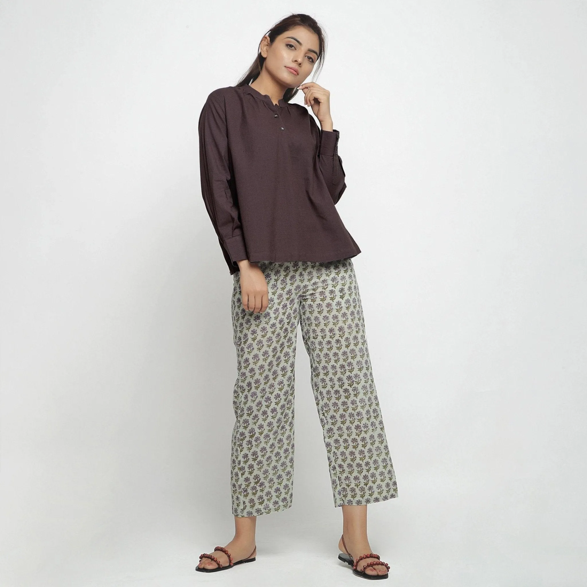 Brown Cotton Flax Mandarin Collar Yoked Top
