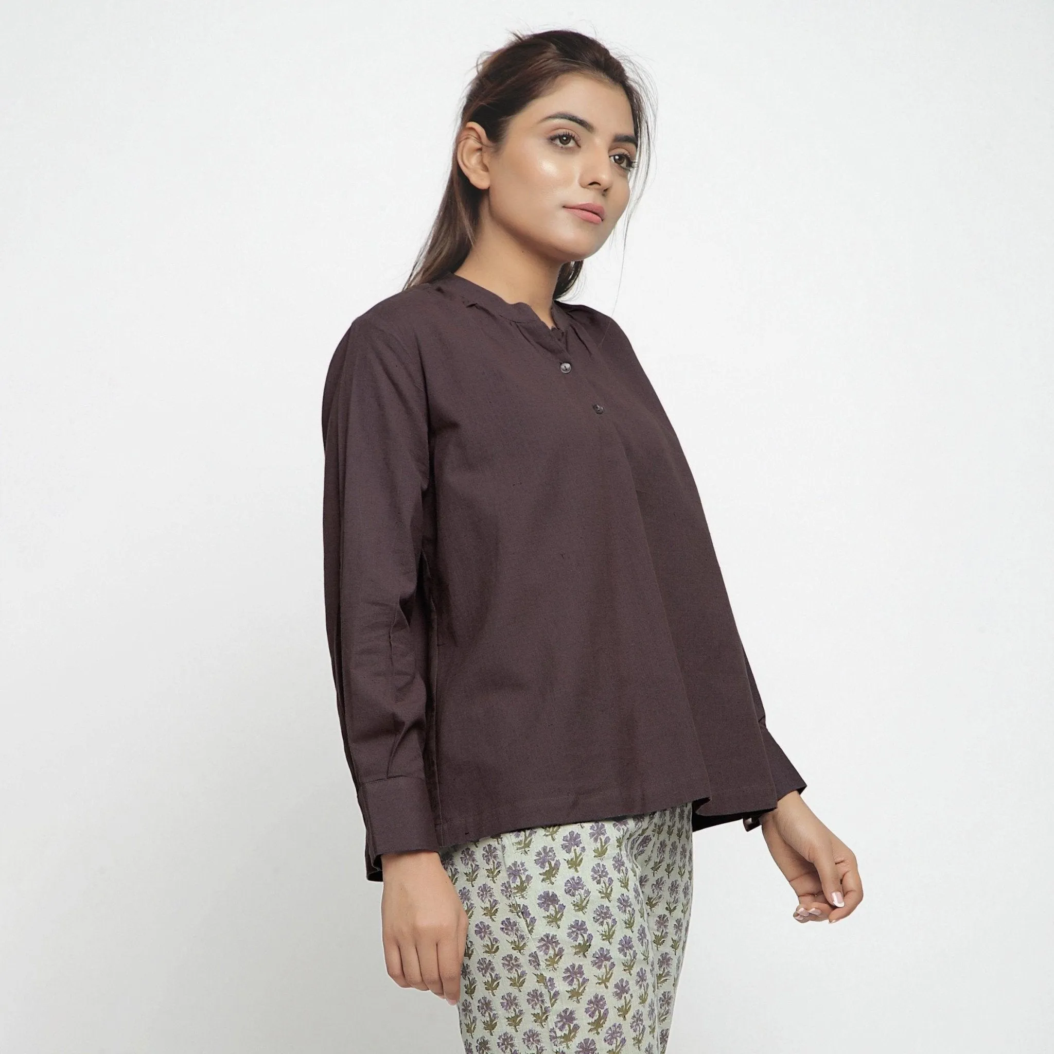 Brown Cotton Flax Mandarin Collar Yoked Top