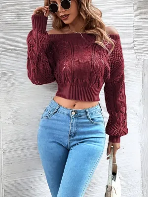 Burgundy Cropped Knit Top – Long Sleeve Crew Neck Sweater