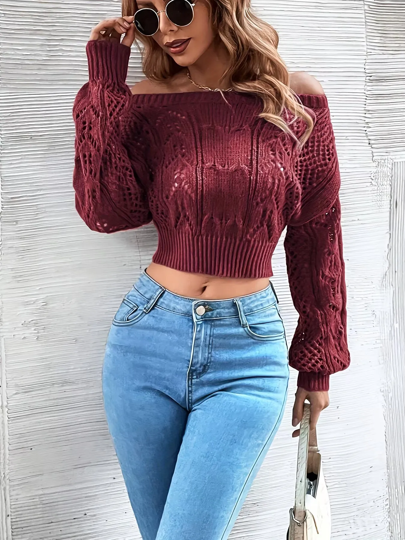 Burgundy Cropped Knit Top – Long Sleeve Crew Neck Sweater
