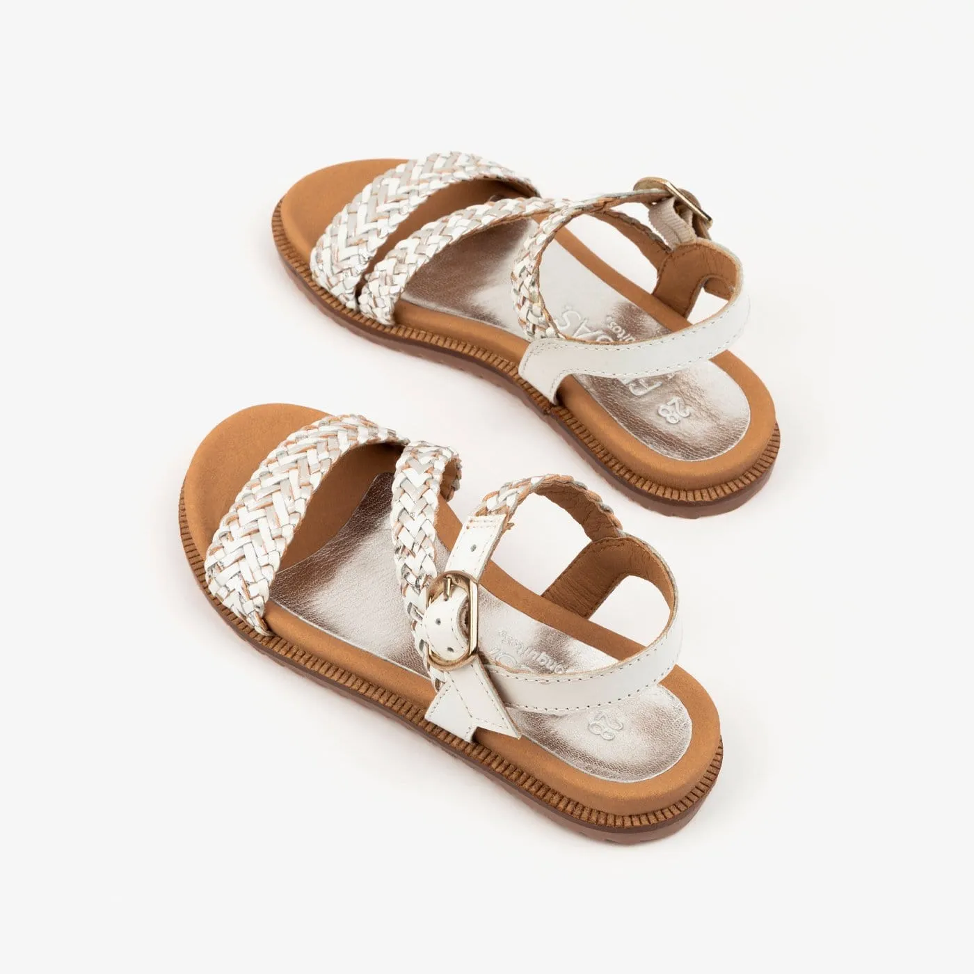 Girl's White Braided Leather Sandals
