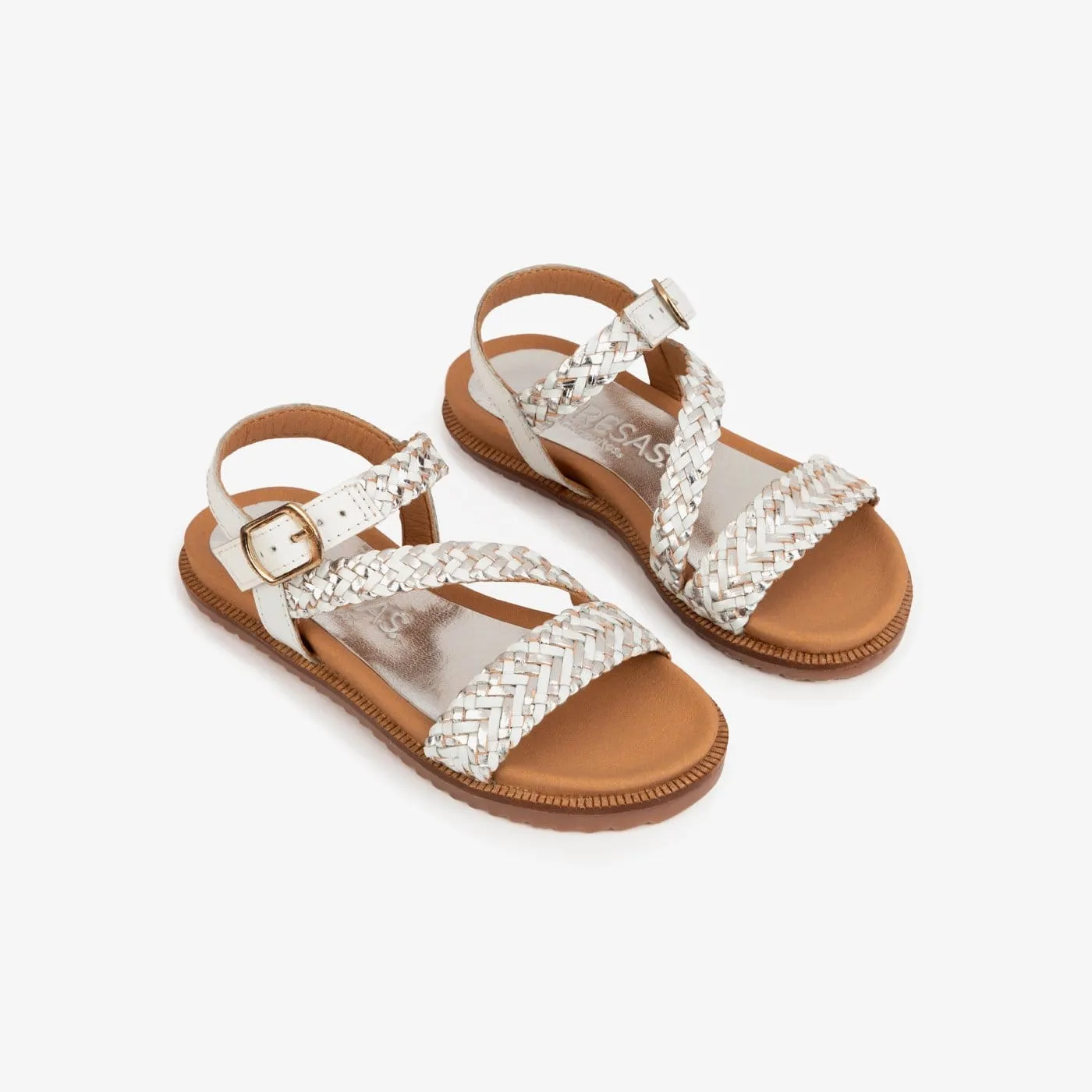 Girl's White Braided Leather Sandals