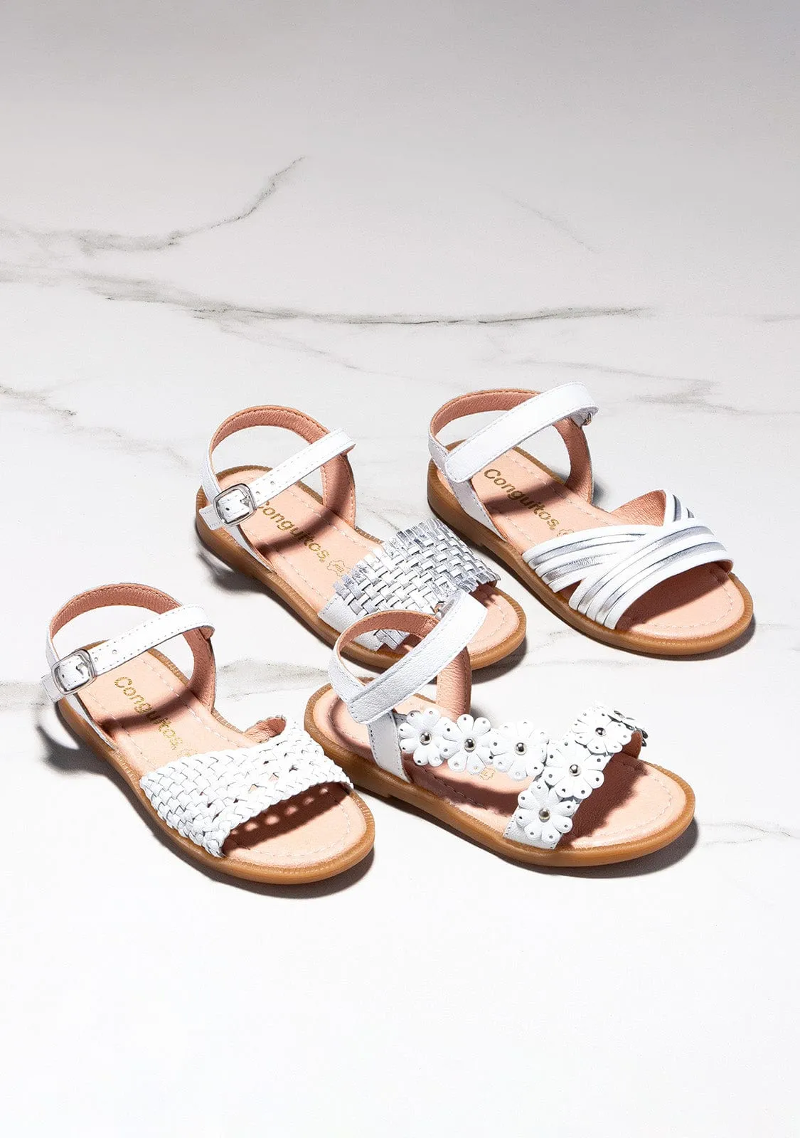 Girl's White / Silver Braided Leather Sandals