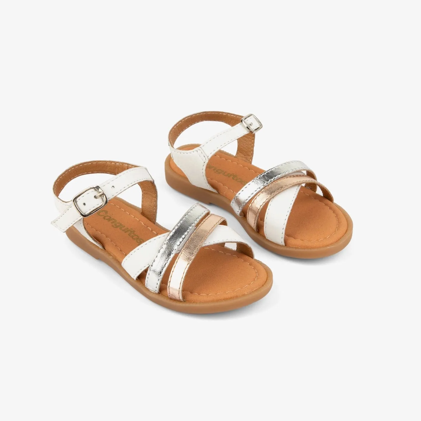 Girl's White Strips Leather Sandals