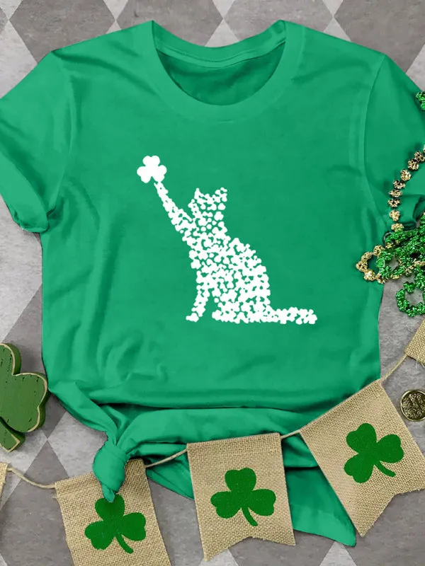 Mackenzie New Women's T-Shirt Cat Clover Print Short-Sleeved T-Shirt