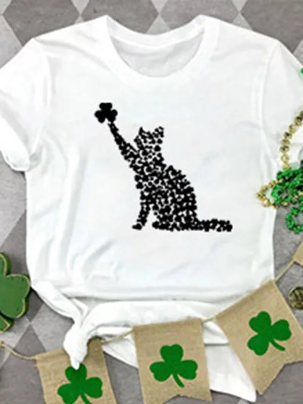 Mackenzie New Women's T-Shirt Cat Clover Print Short-Sleeved T-Shirt