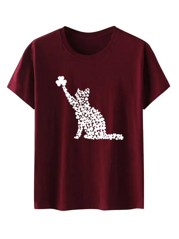 Mackenzie New Women's T-Shirt Cat Clover Print Short-Sleeved T-Shirt