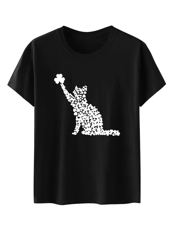 Mackenzie New Women's T-Shirt Cat Clover Print Short-Sleeved T-Shirt