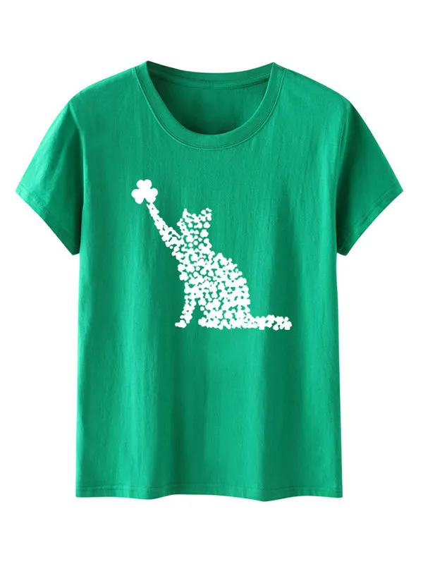 Mackenzie New Women's T-Shirt Cat Clover Print Short-Sleeved T-Shirt
