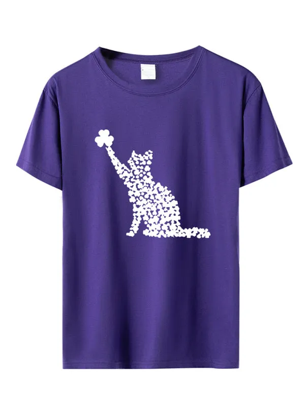 Mackenzie New Women's T-Shirt Cat Clover Print Short-Sleeved T-Shirt