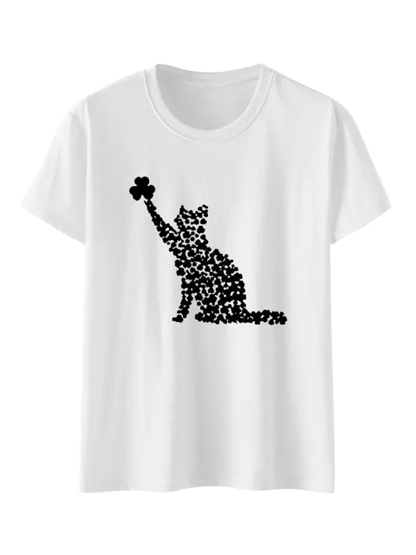 Mackenzie New Women's T-Shirt Cat Clover Print Short-Sleeved T-Shirt