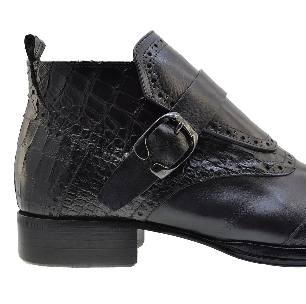 Men's Italian Shoes Jo Ghost 3996 Black Leather Print Crocodile Dress Boots