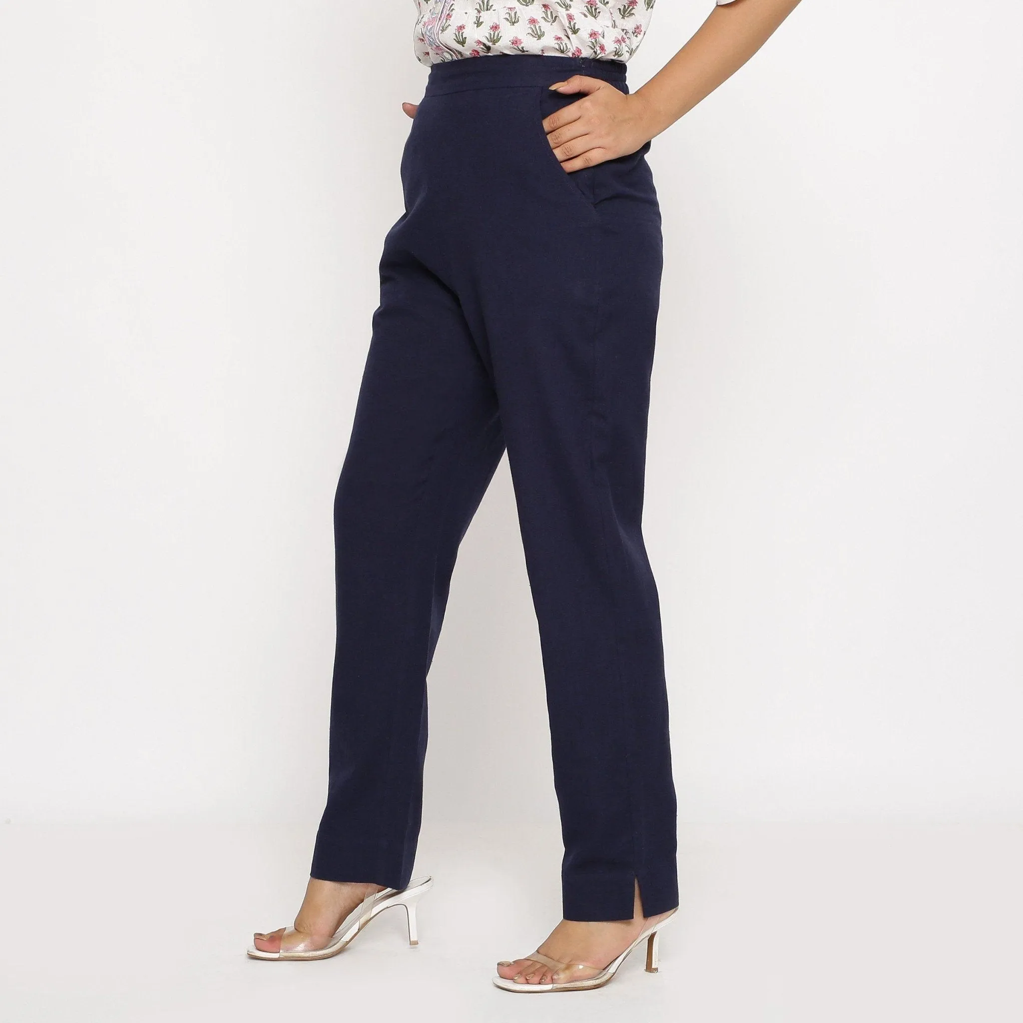 Navy Blue Cotton Flax Elasticated Mid-Rise Pant