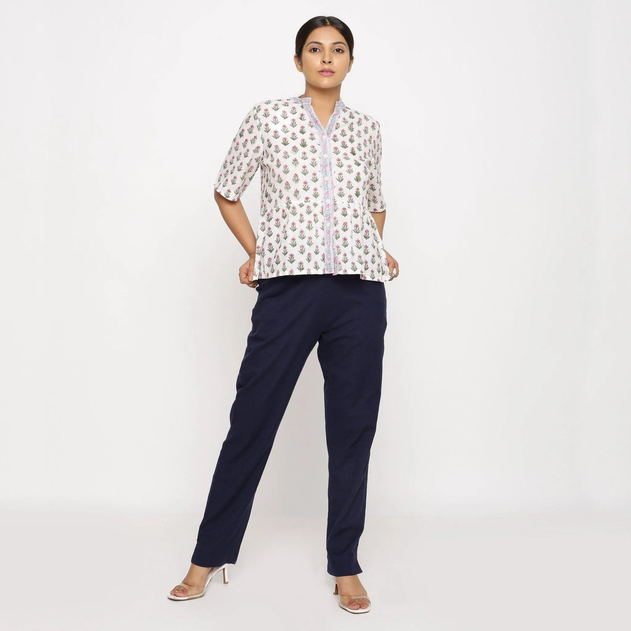 Navy Blue Cotton Flax Elasticated Mid-Rise Pant