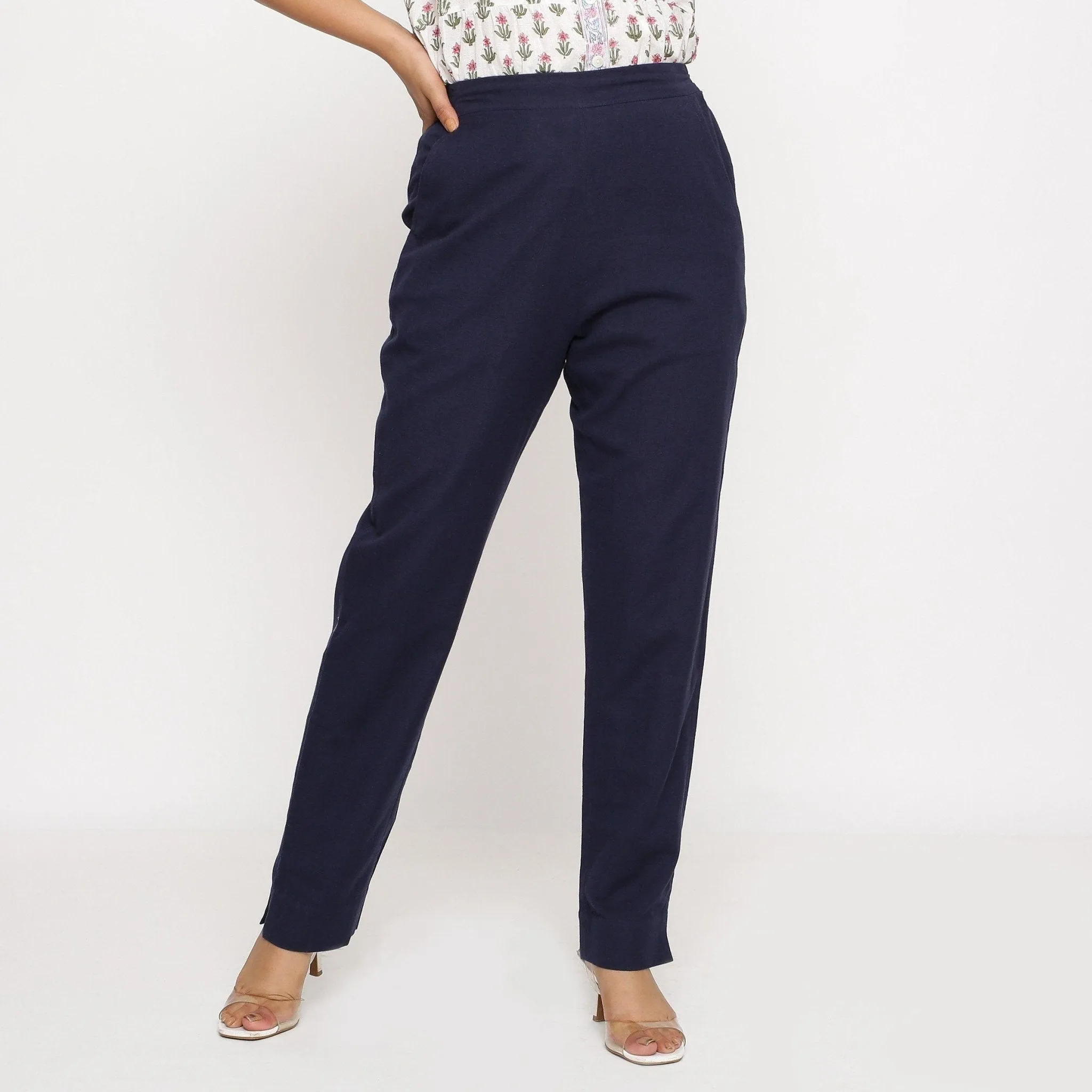 Navy Blue Cotton Flax Elasticated Mid-Rise Pant