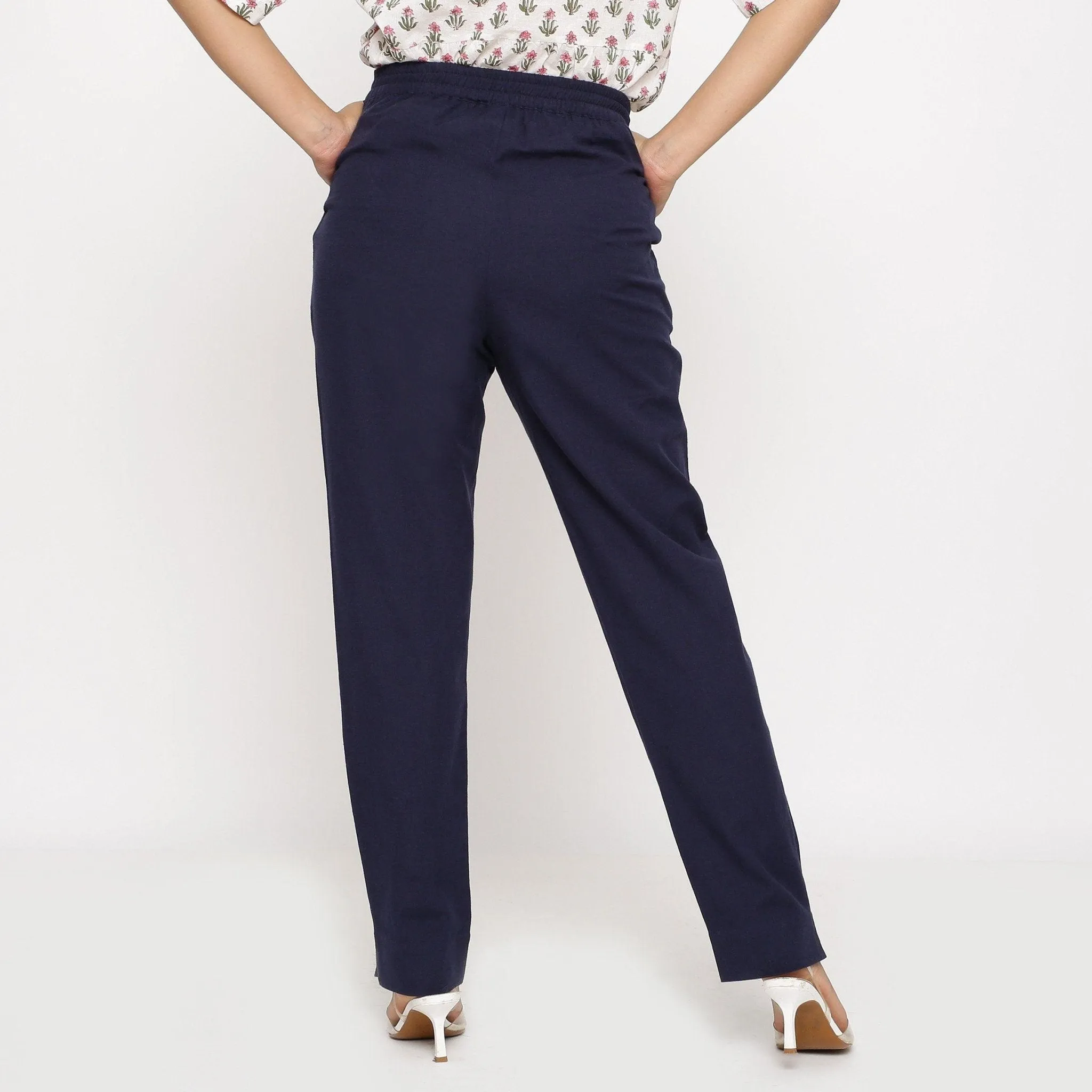 Navy Blue Cotton Flax Elasticated Mid-Rise Pant