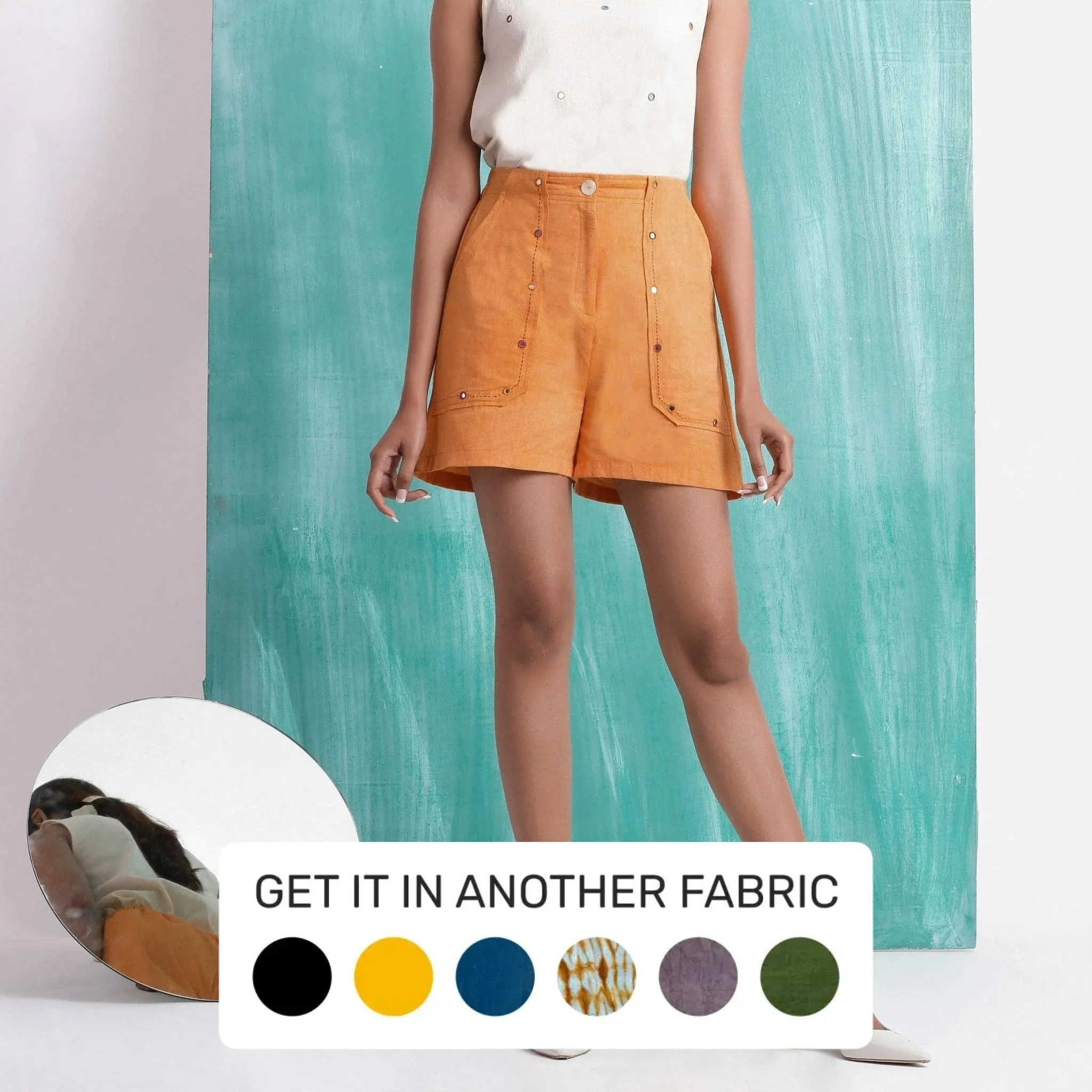 Orange Handspun Cotton Elasticated Mirror Work Shorts