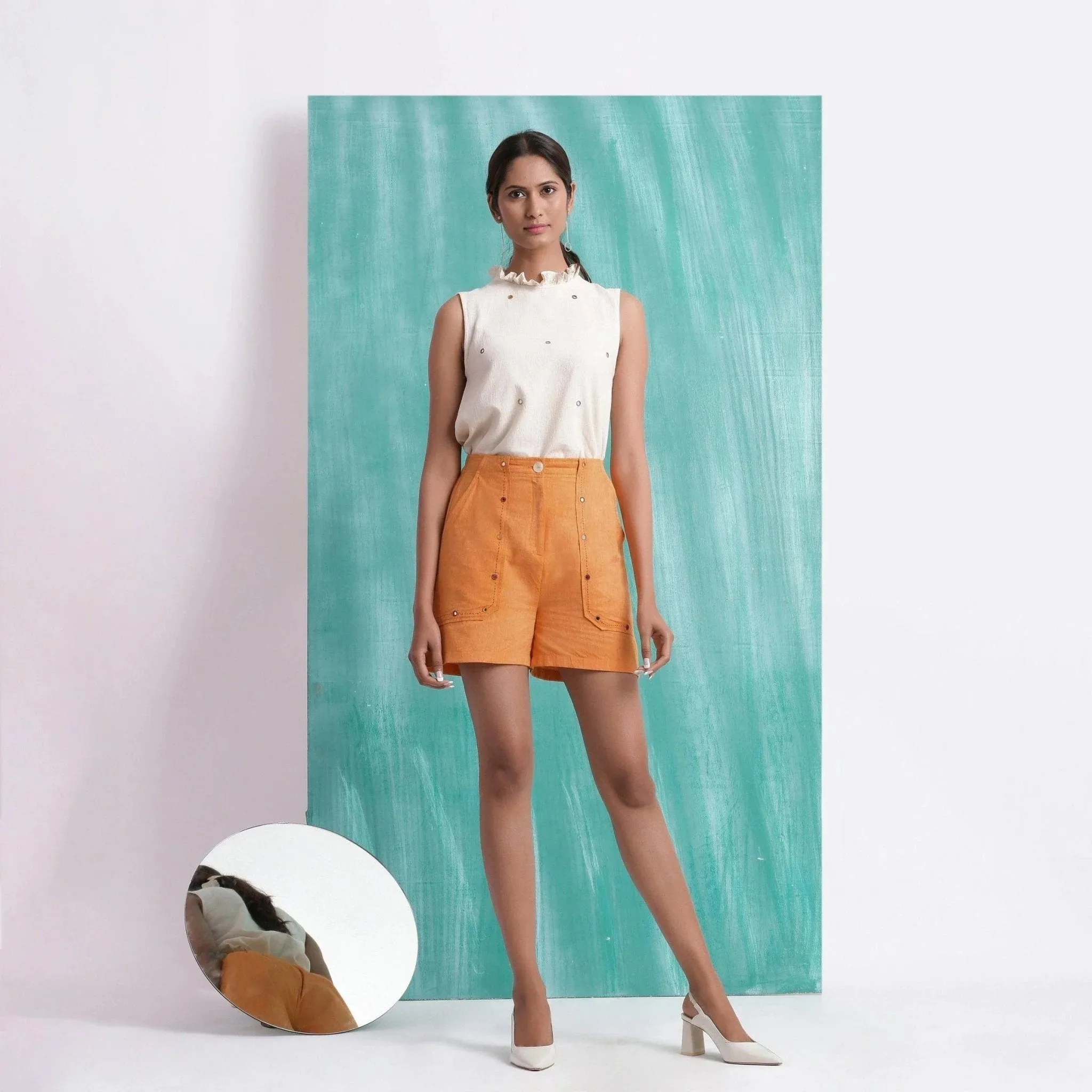 Orange Handspun Cotton Elasticated Mirror Work Shorts