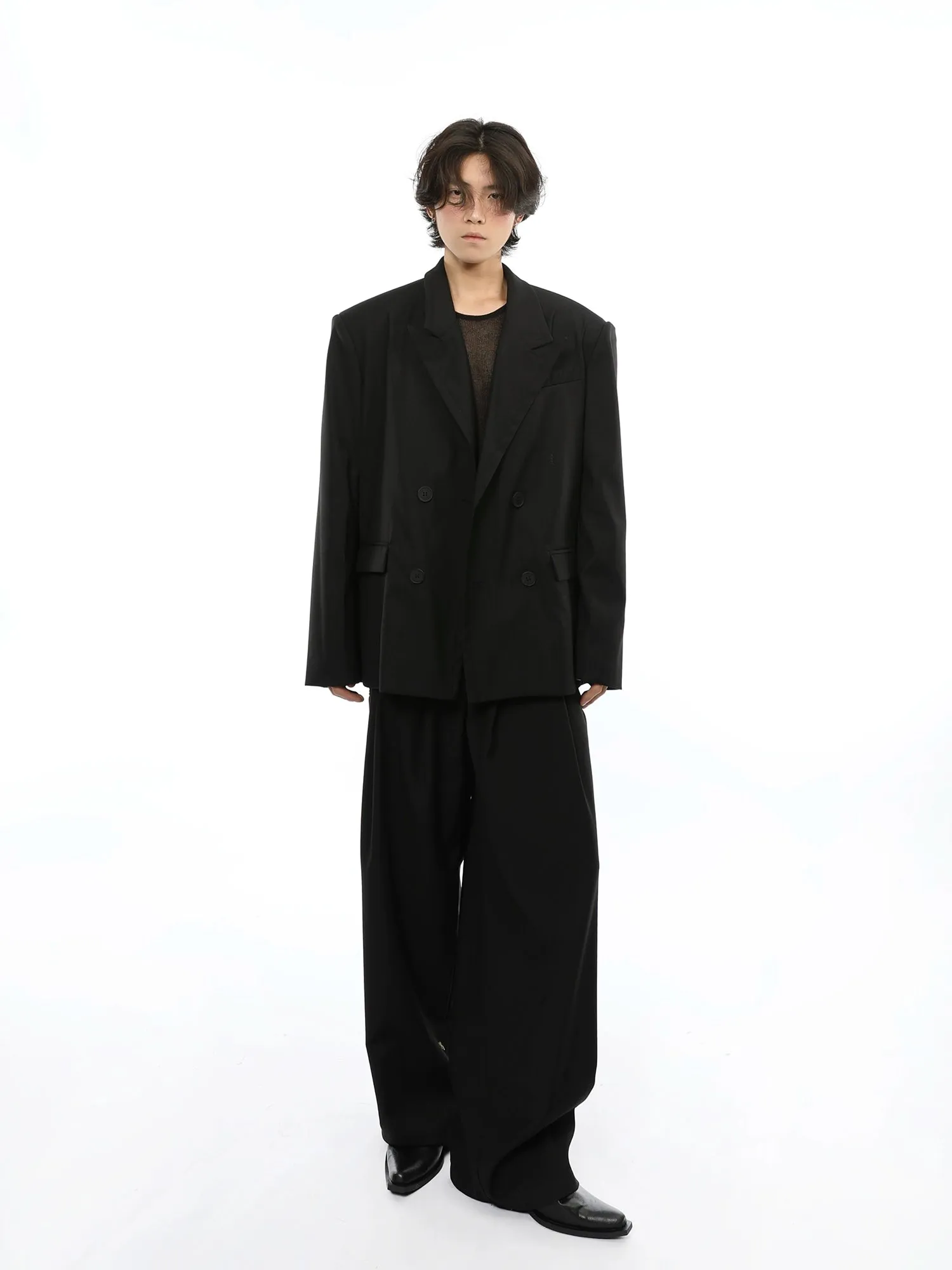 Oversized Double Breasted Boxy Blazer and Wide Leg Suit Pants Two Piece Set