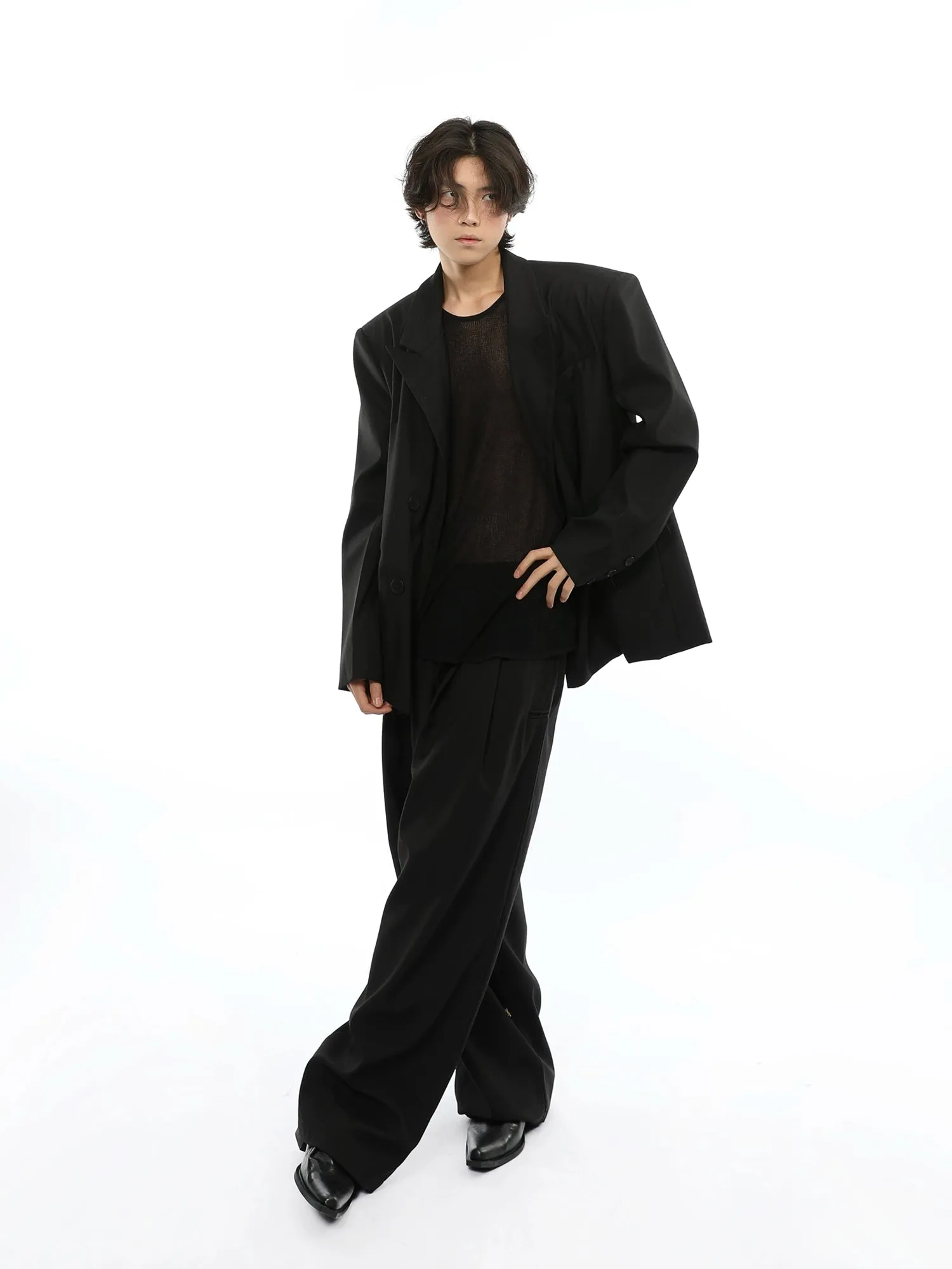 Oversized Double Breasted Boxy Blazer and Wide Leg Suit Pants Two Piece Set