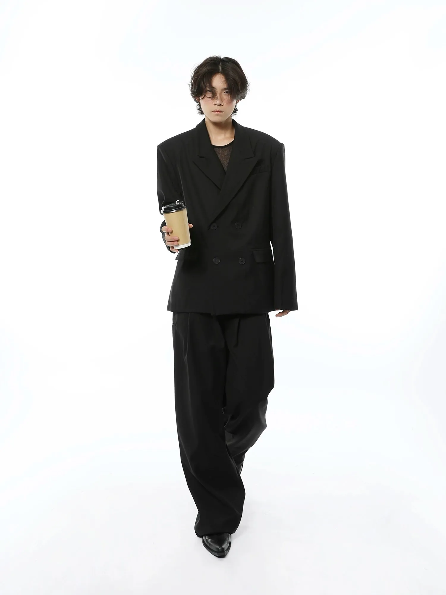 Oversized Double Breasted Boxy Blazer and Wide Leg Suit Pants Two Piece Set