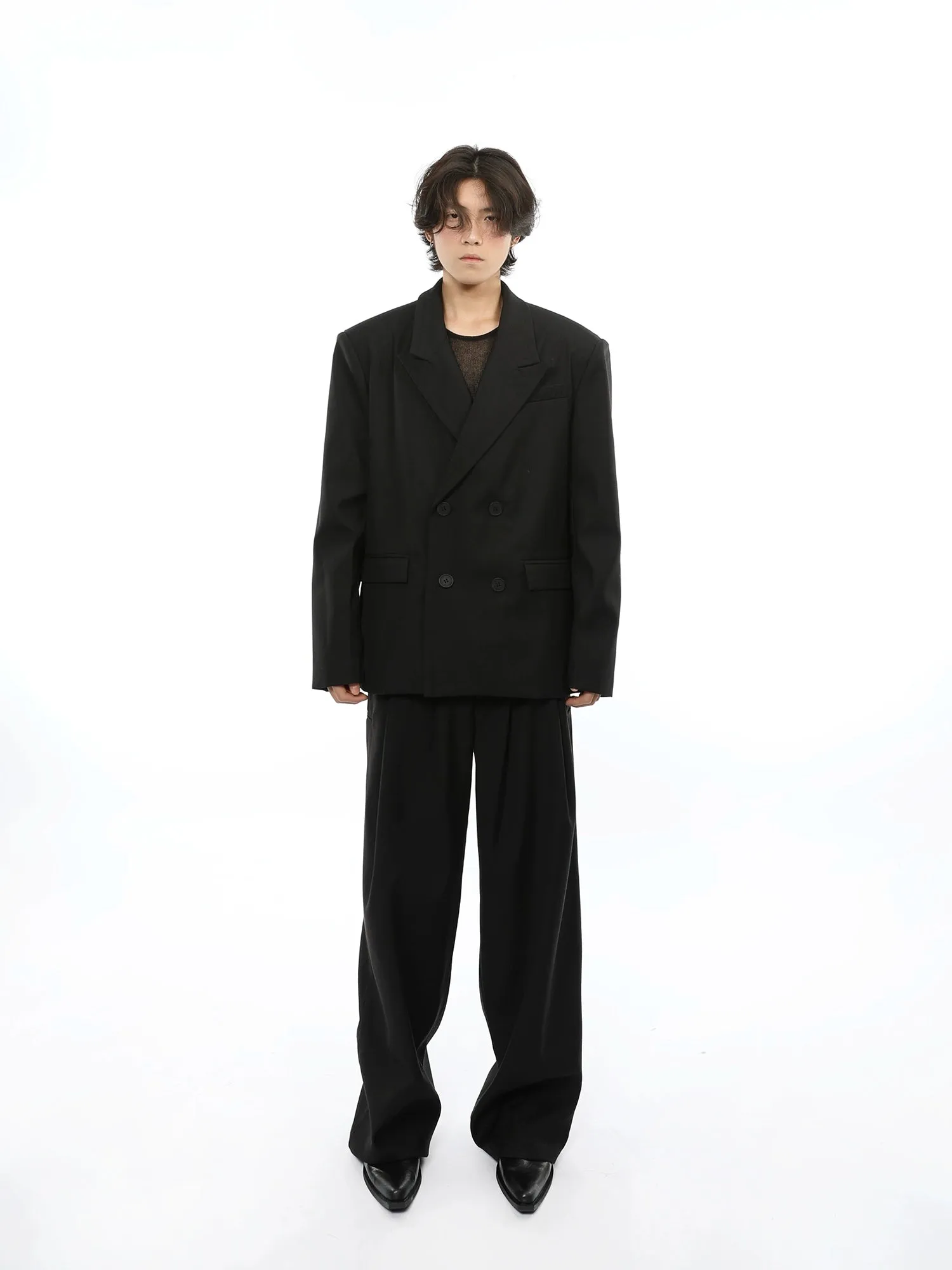 Oversized Double Breasted Boxy Blazer and Wide Leg Suit Pants Two Piece Set