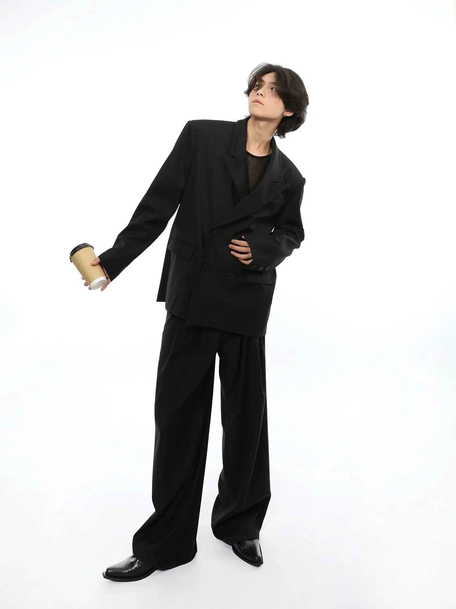 Oversized Double Breasted Boxy Blazer and Wide Leg Suit Pants Two Piece Set