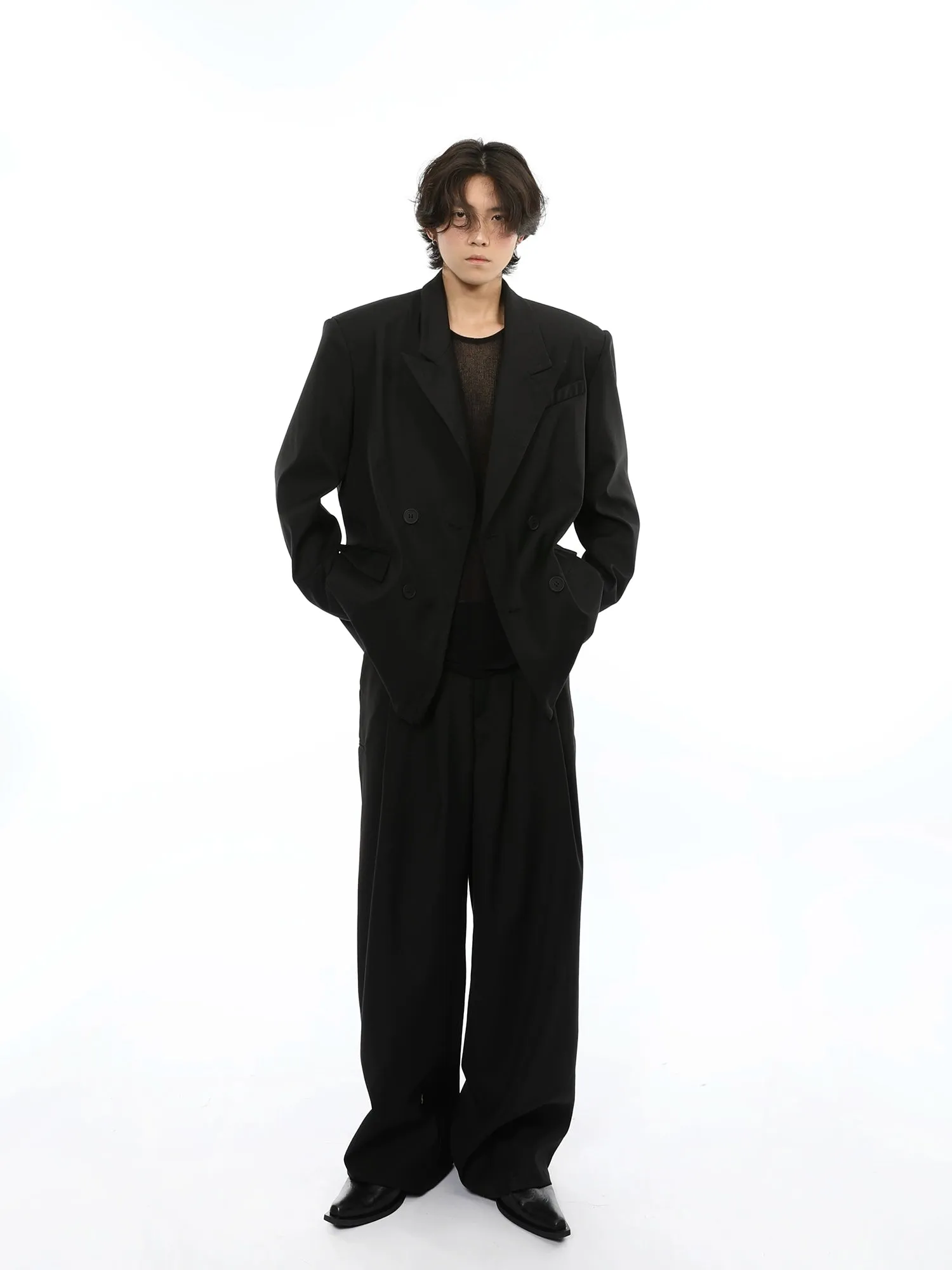 Oversized Double Breasted Boxy Blazer and Wide Leg Suit Pants Two Piece Set