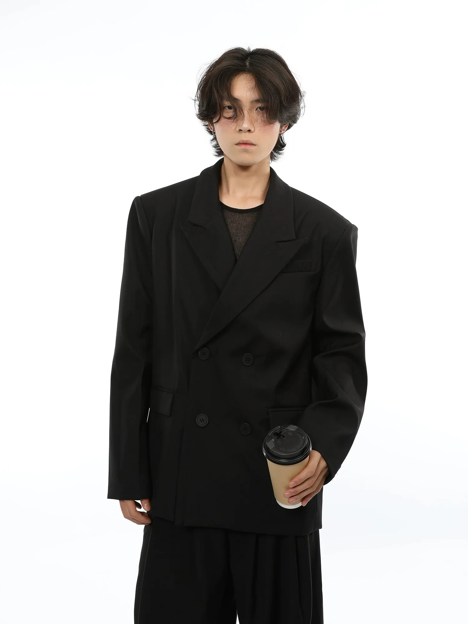 Oversized Double Breasted Boxy Blazer and Wide Leg Suit Pants Two Piece Set