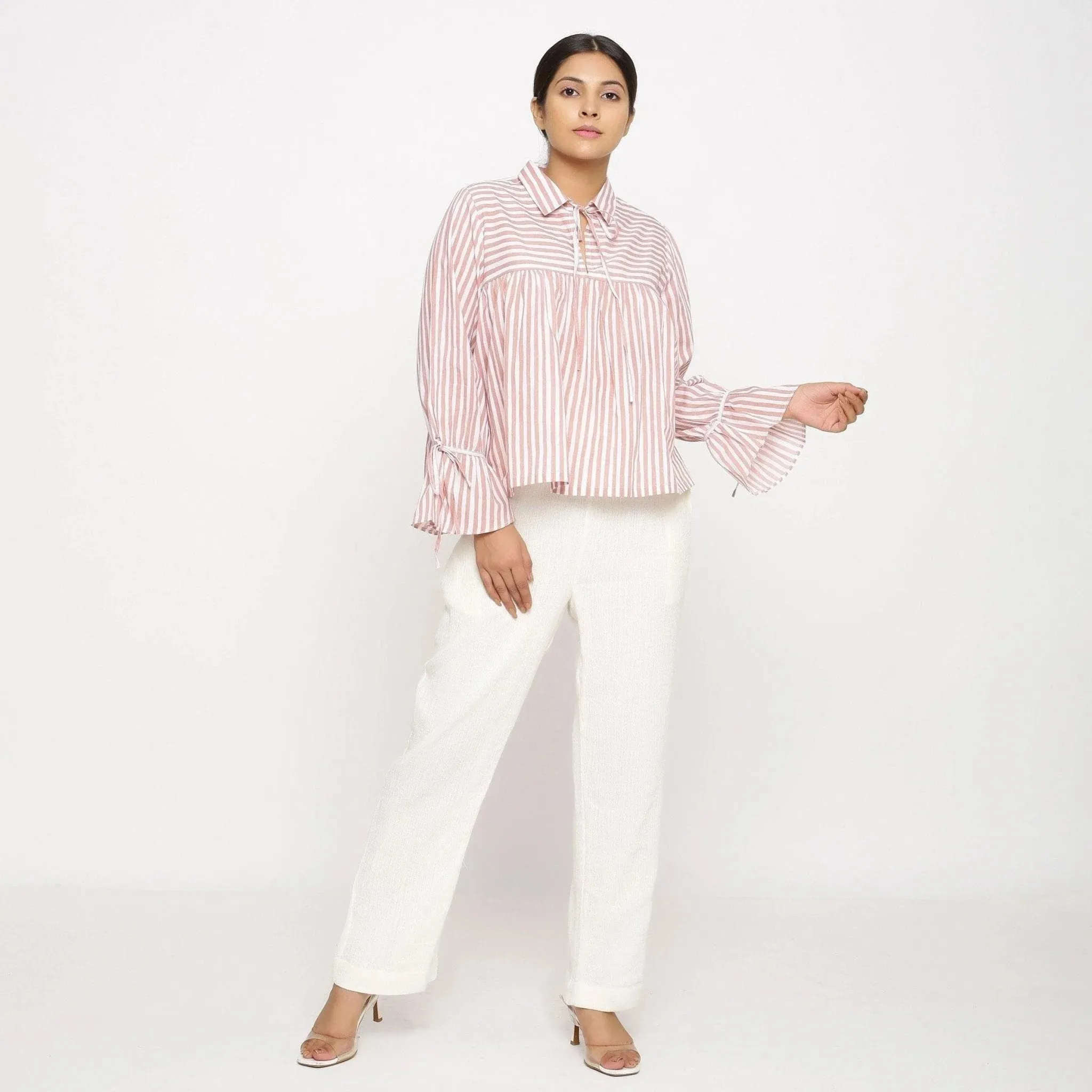 Pink Hand Screen Print Cotton Poet Sleeve Gathered Top