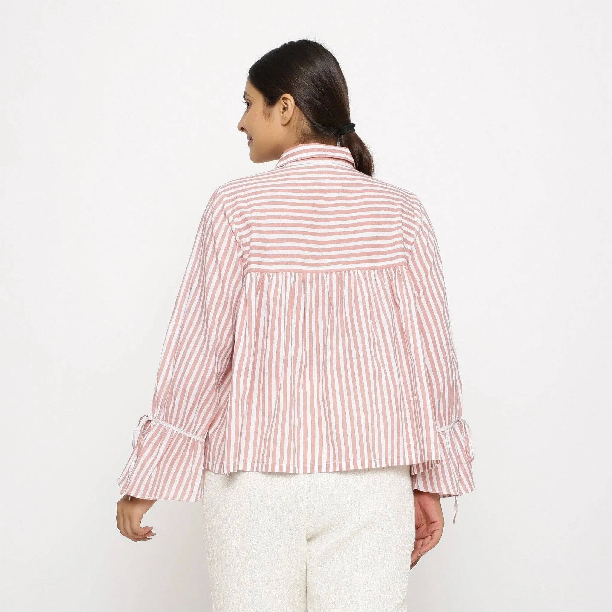 Pink Hand Screen Print Cotton Poet Sleeve Gathered Top