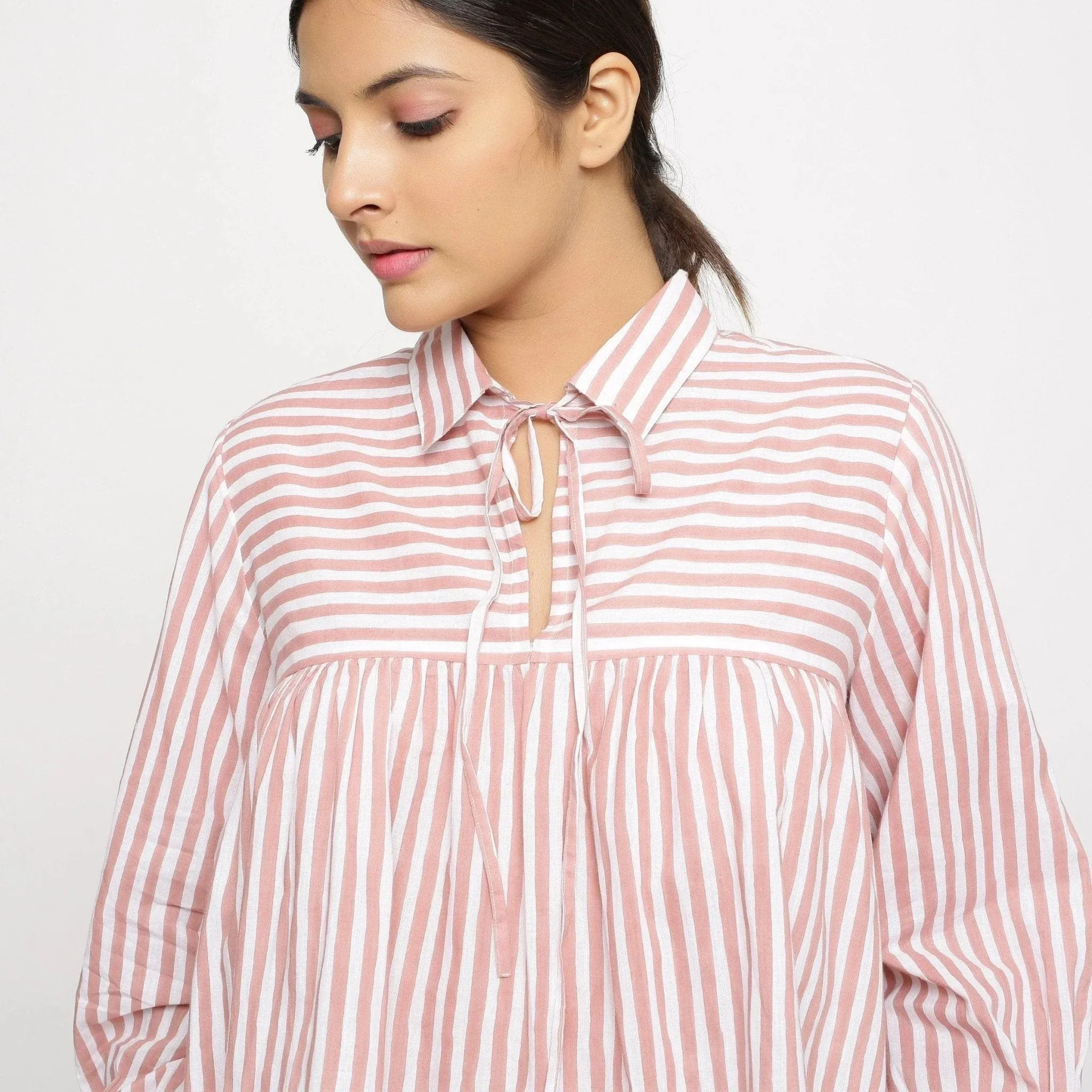 Pink Hand Screen Print Cotton Poet Sleeve Gathered Top