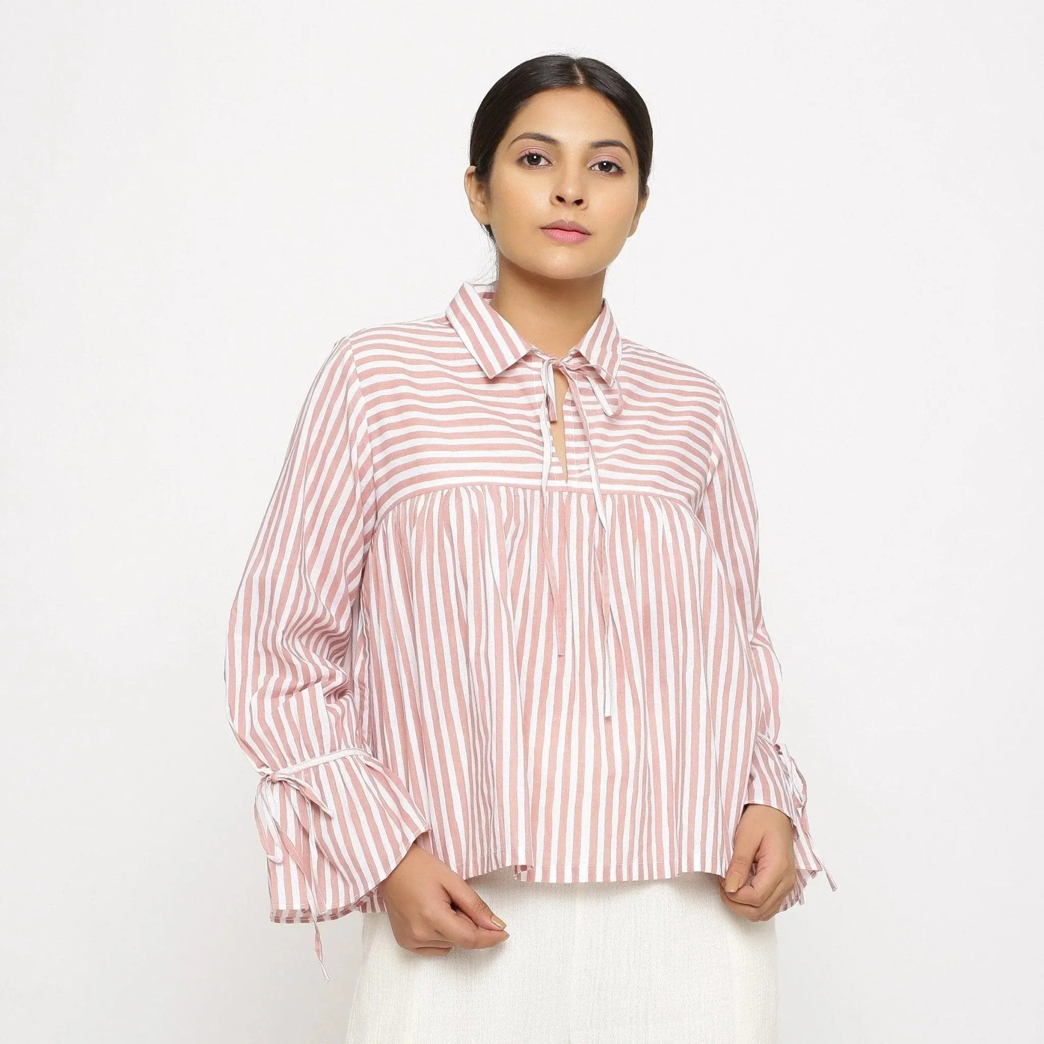 Pink Hand Screen Print Cotton Poet Sleeve Gathered Top