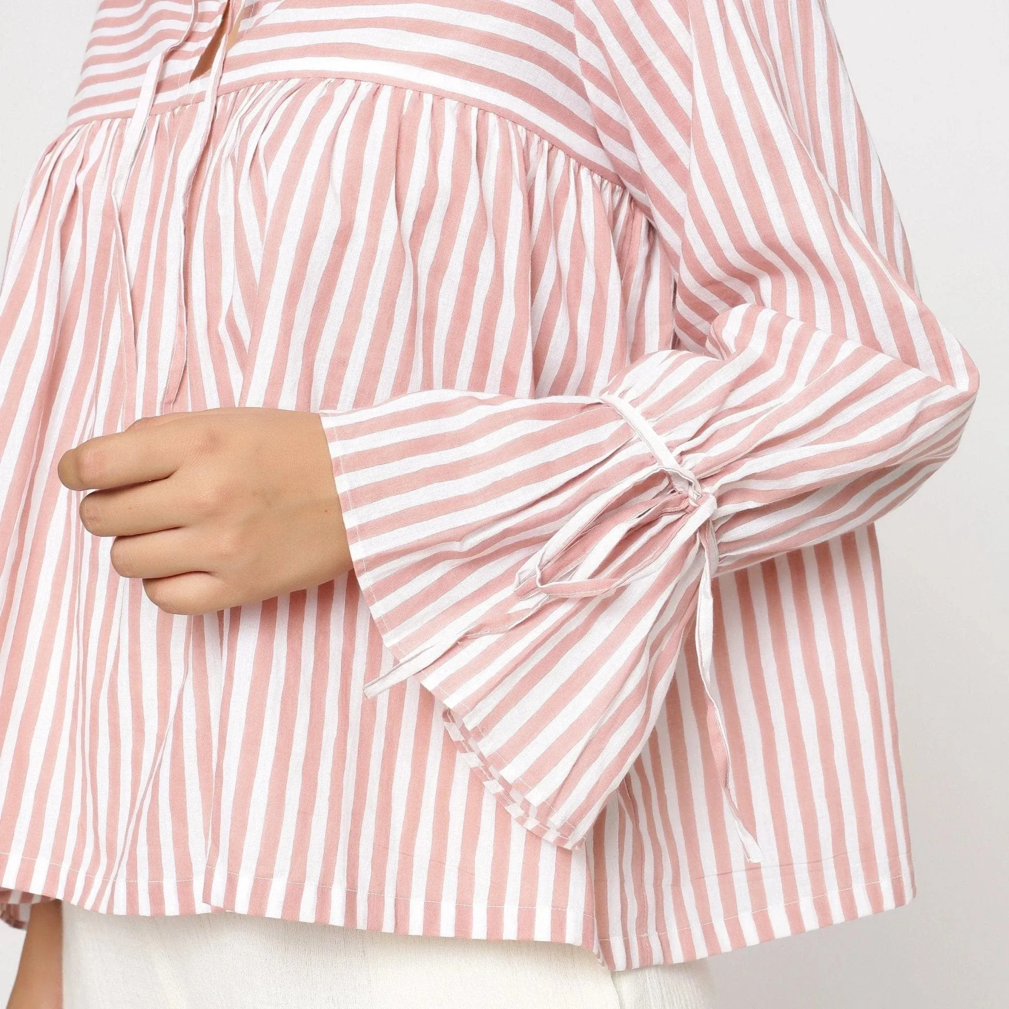Pink Hand Screen Print Cotton Poet Sleeve Gathered Top